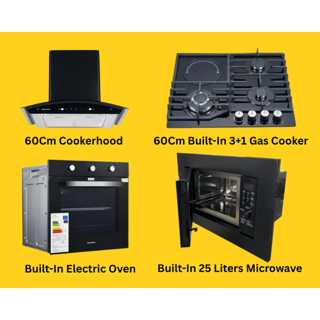 _3+1 Burner Built-in Gas Cooker, 60Cm Cooker Hood, 25 Liters Built-In Microwave & Built-in Electric Oven Kitchen Combo