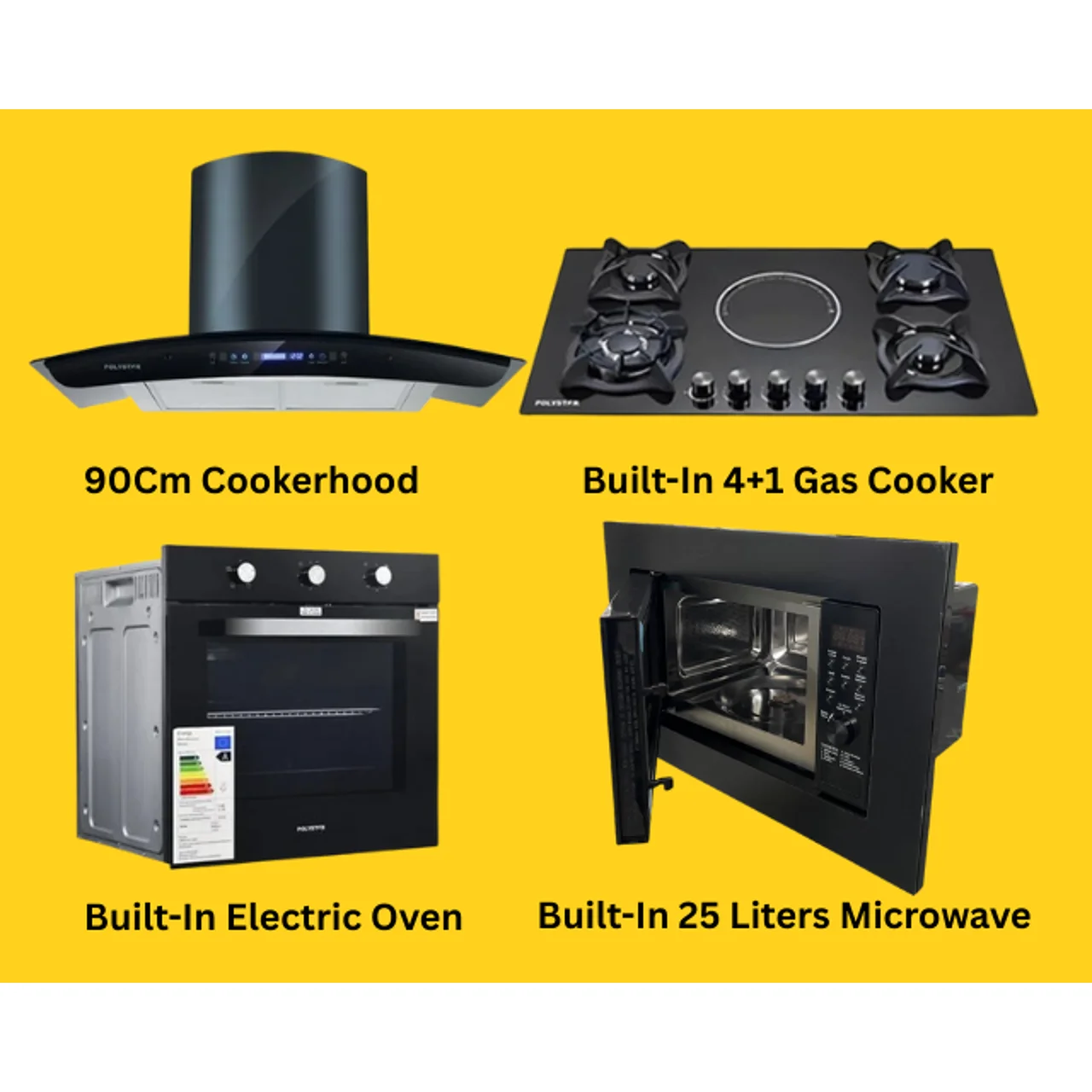 _4+1 Burner Built-in Gas Cooker, 90Cm Cooker Hood, 20 Liters Built-In Microwave & Built-in Electric Oven Kitchen Combo