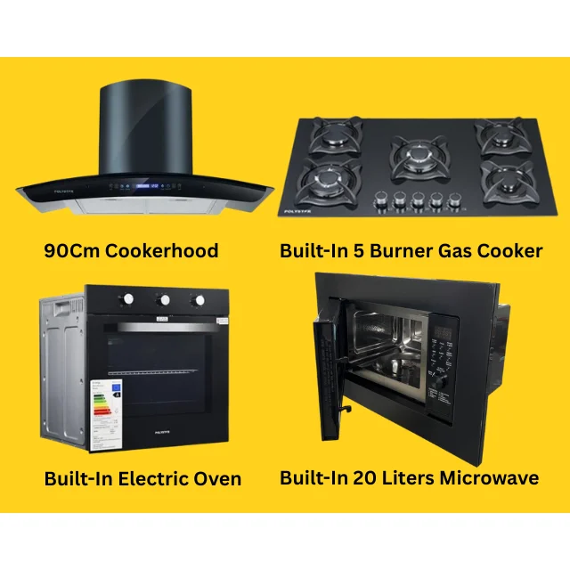 _Kitchen Combo: Built-in Gas Cooker (5 Burners), 90cm Cooker Hood, Built-in 20cm Microwave, and Built-in Automatic Electric Oven_5 Burner Built-in Gas Cooker, 90Cm Cooker Hood, 20 Liters Built-In Microwave & Built-in Electric Oven Kitchen Combo