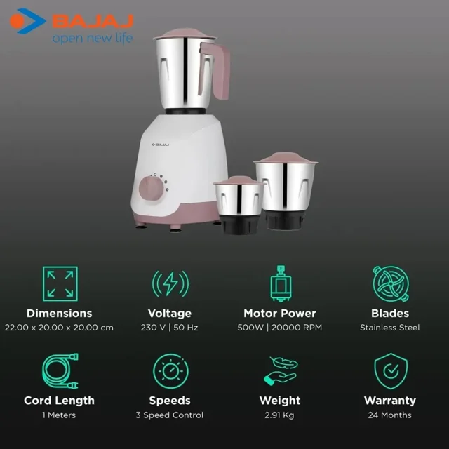None_Bajaj Duetto 500W 3 Jar Mixer Grinder | Military Grade Jar
