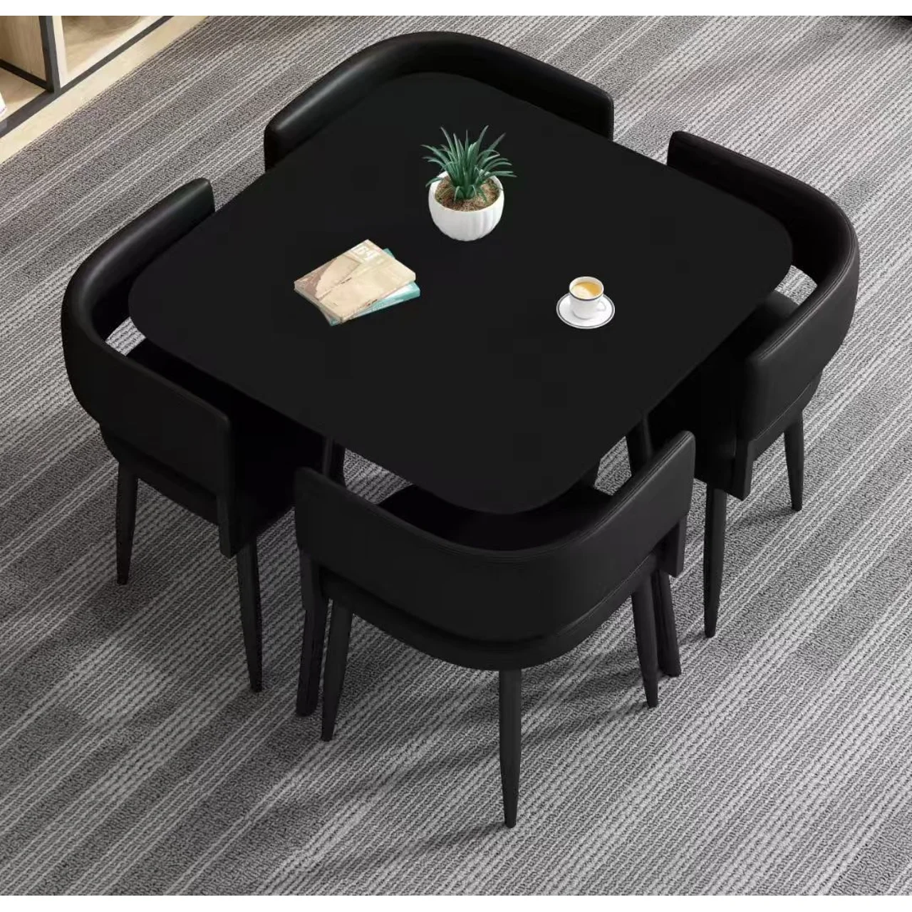 _Black Marble Dining Set with 4 Sleek Chairs (4-Seater, Elegant Design)