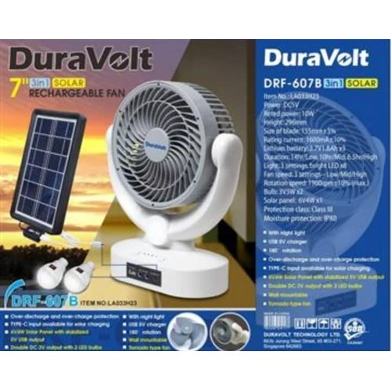 _Duravolt 7'' Rechargeable Table Fan With Solar Panel/2 Bulbs| DRF -607B