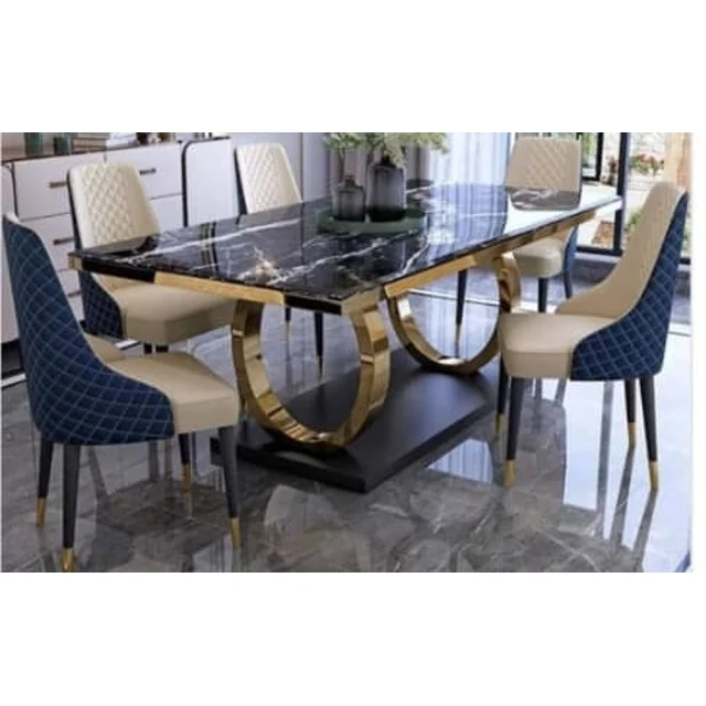 _Elegant Marble Dining Set with 6 Chairs