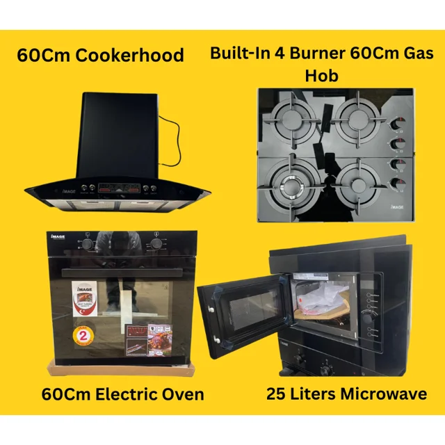None_Image 60Cm Hood, 60Cm 4 Burner Gas Cooker, 25 Liters Microwave & Electric Oven Combo Set