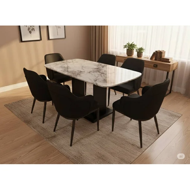 None_Luxury 6-Seater Marble Dining Set with Quilted Black Chairs