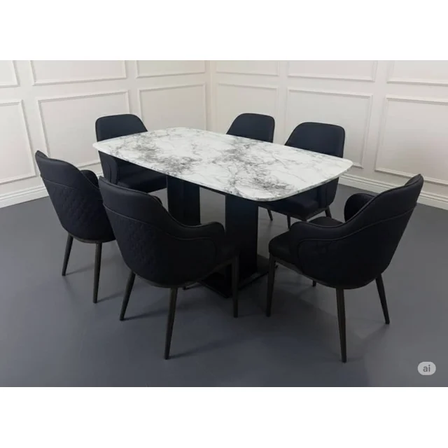 None_Luxury 6-Seater Marble Dining Set with Quilted Black Chairs