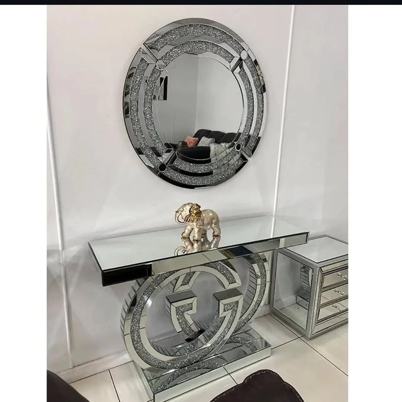 _Luxury Console Table and Mirror Set with Crystal Finish