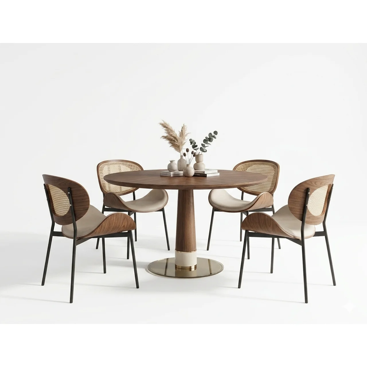 _Modern 4-Seater Round Dining Table Set with Cushioned Chairs & Cane Backrest
