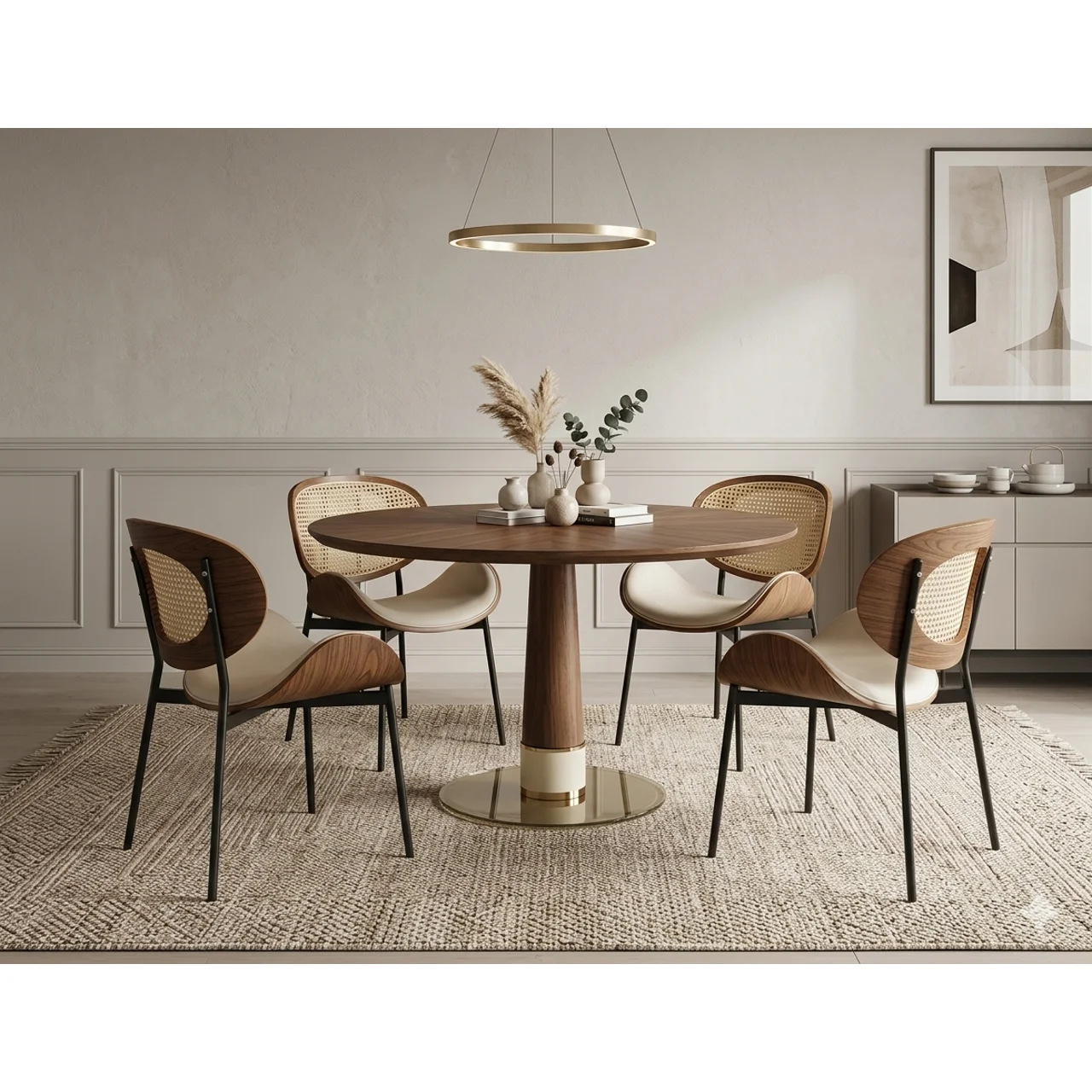 _Modern 4-Seater Round Dining Table Set with Cushioned Chairs & Cane Backrest