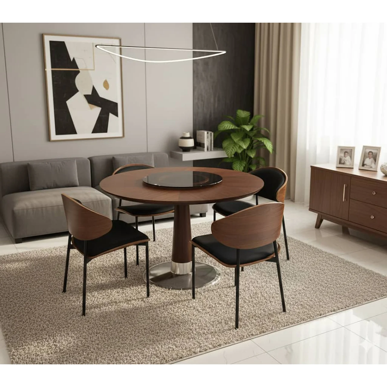 _Modern 4-Seater Round Wooden Dining Set with Rotating Glass Center