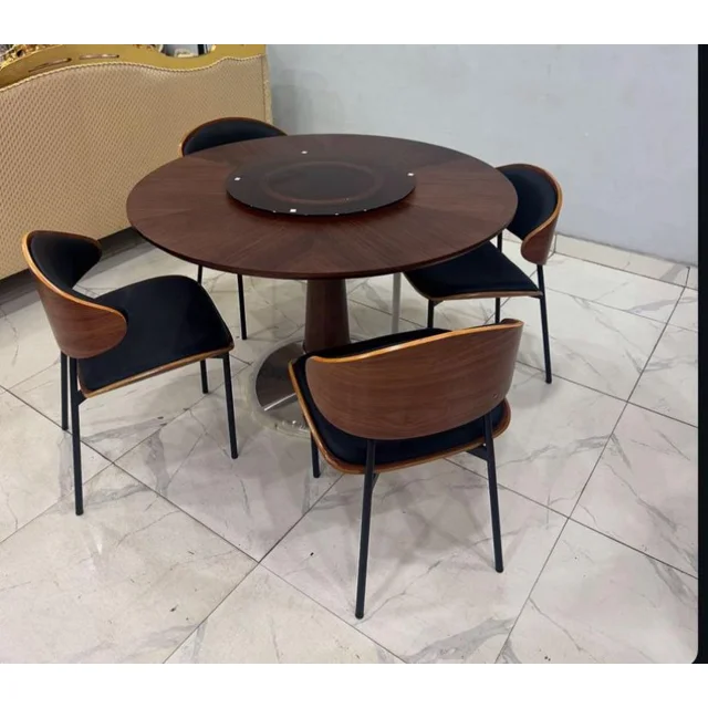 None_Modern 4-Seater Round Wooden Dining Set with Rotating Glass Center