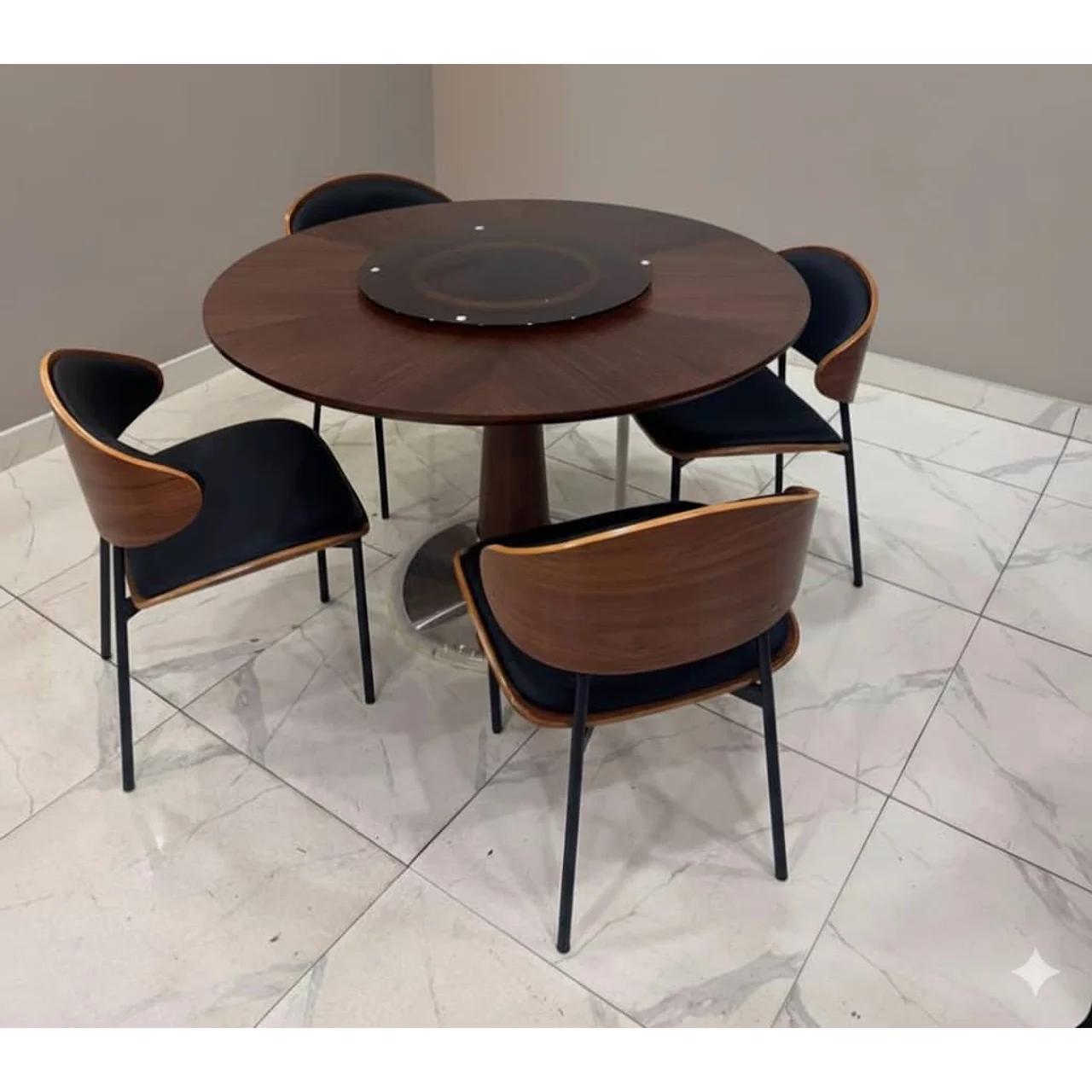 _Modern 4-Seater Round Wooden Dining Set with Rotating Glass Center