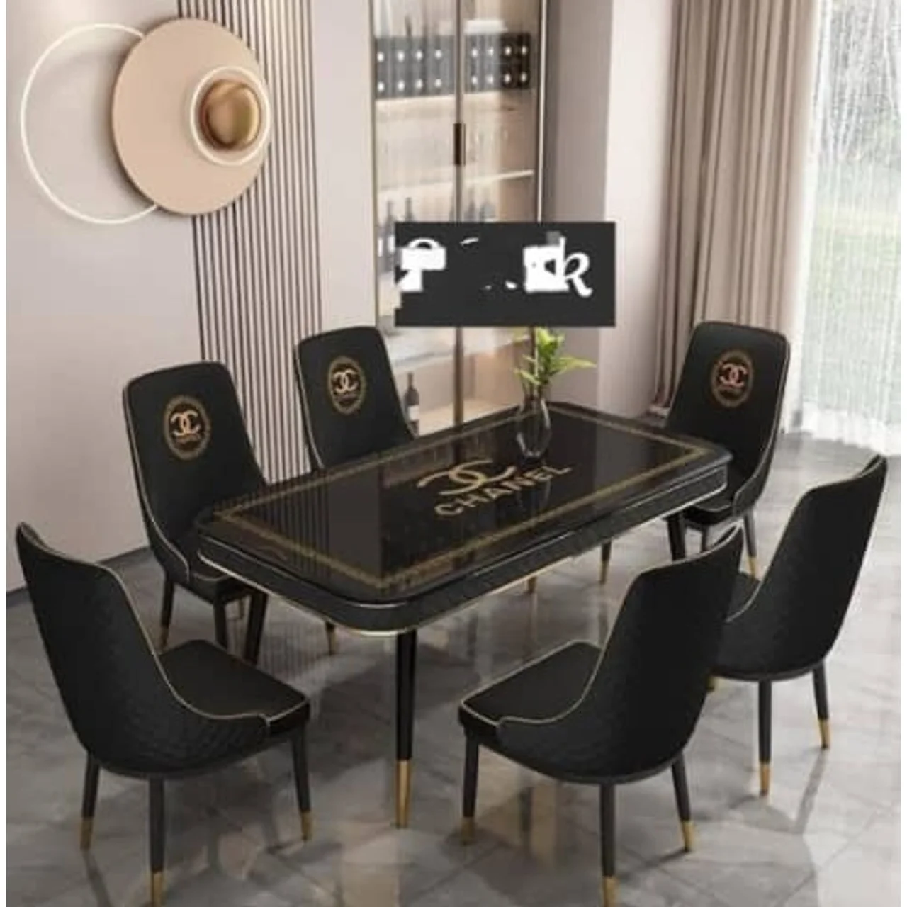 _Modern Luxurious Dining Set with 6 Black Chairs