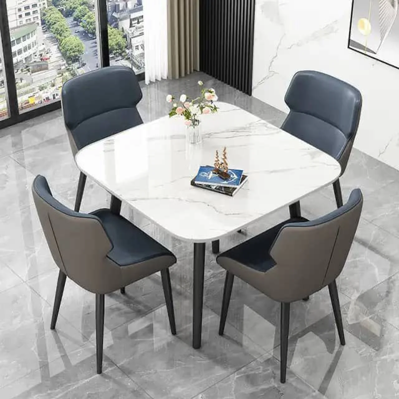 _Modern Luxury Marble Dining Table With 4 Chairs
