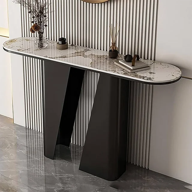 None_Modern Marble Console Table with Sleek Black Base