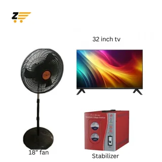 _Bundle: 32 Inch Television, 18-Inch Standing Fan, and Stabilizer