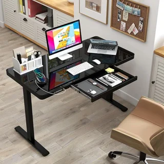 _Glass Top 1.2Mtr Adjustable Height Electric Standing Desk With USB, Drawer And Wireless Charger