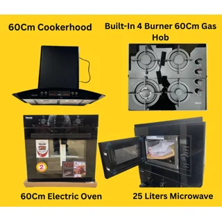None_Image 60Cm Hood, 60Cm 4 Burner Gas Cooker, 25 Liters Microwave & Electric Oven Combo Set