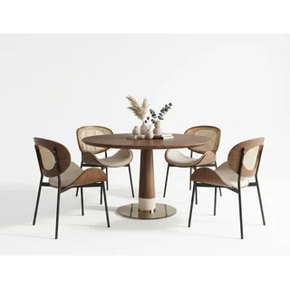 _Modern 4-Seater Round Dining Table Set with Cushioned Chairs & Cane Backrest