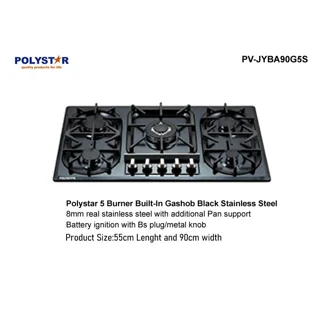 _Polystar 5 Burner Built-in Gas hob Black Stainless Steel | PV-JYBA90G5S